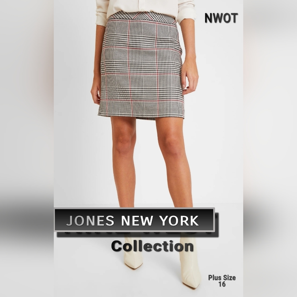 JONES NEW YORK collection red, white and black plus size 16 PLAID PENCIL SKIRT